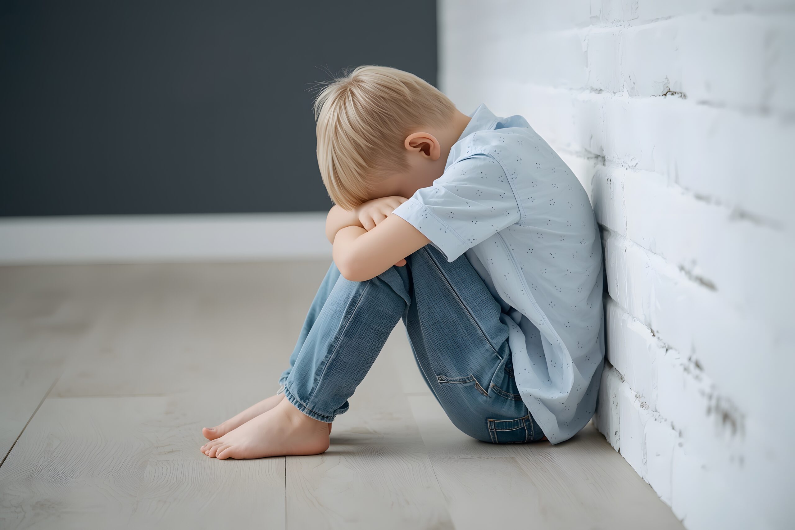 Sad Little Boy Sitting Alone on Floor with Head Down Overwhelmed child sitting by himself