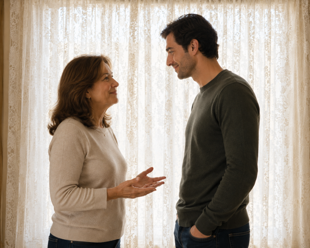 A mother and her adult son discussing boundaries and communication in a changing family relationship while standing near a lace curtain.
